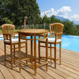 3 Piece Teak Wood Orleans Bar Table/Chair Set With Cushions