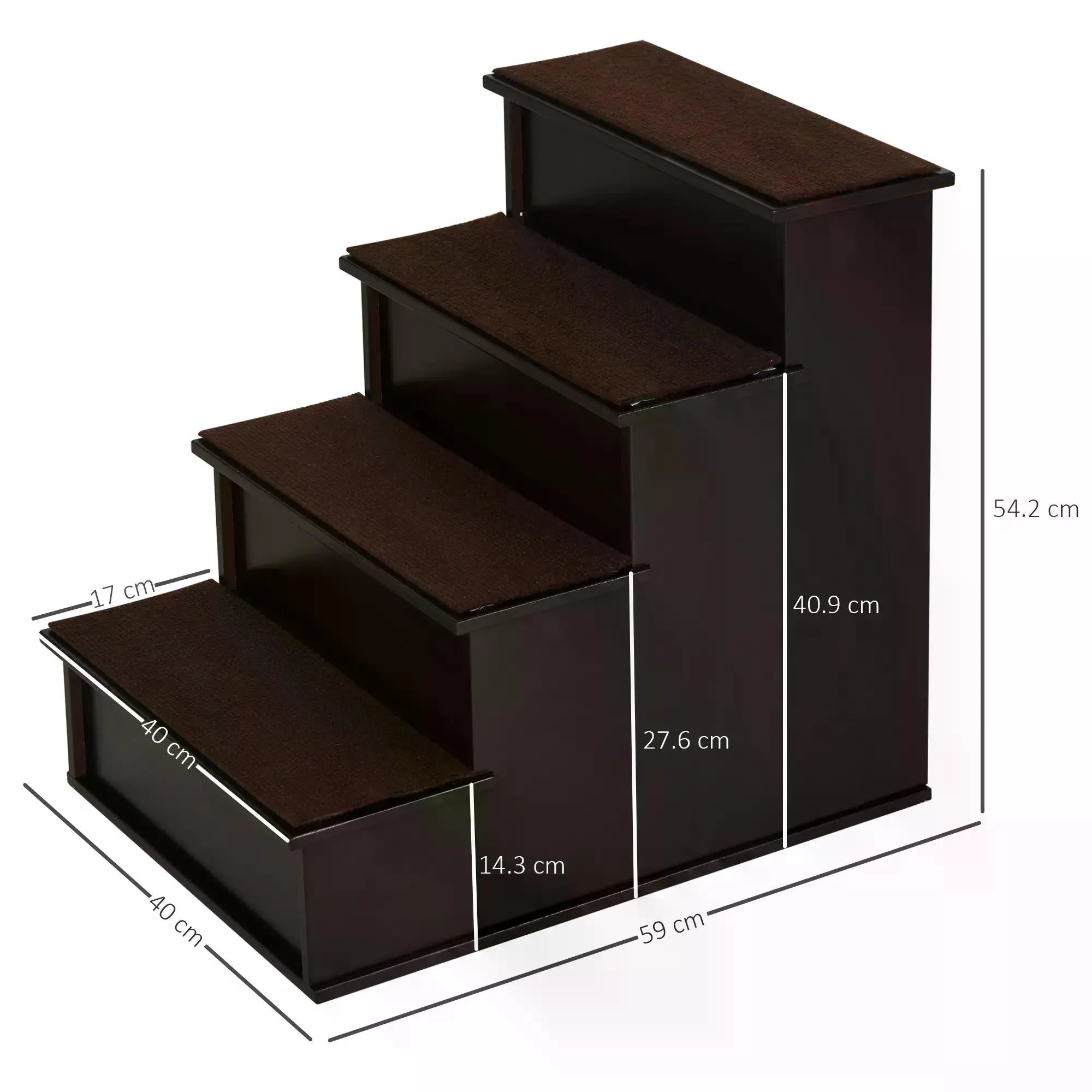 4 Step Cushioned Pet Stairs Ramp Steps for Dogs, Cat Ladder for Bed Couch with Non-Slip Carpet, 40 x 59 x 54.2 cm, Coffee