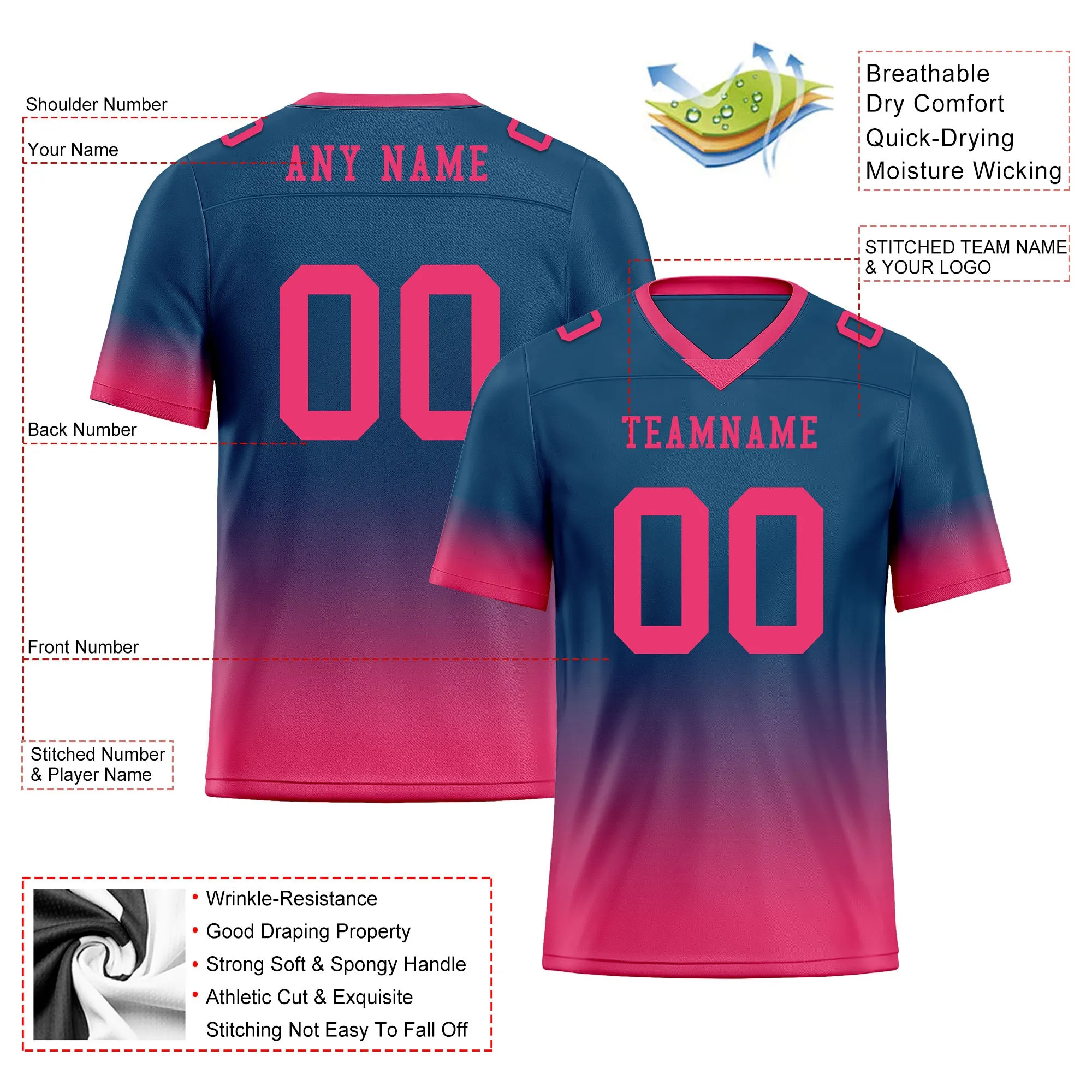 Custom Dark Teal Pink Fade Fashion Personalized Authentic Football Jersey FBJ02-D06089