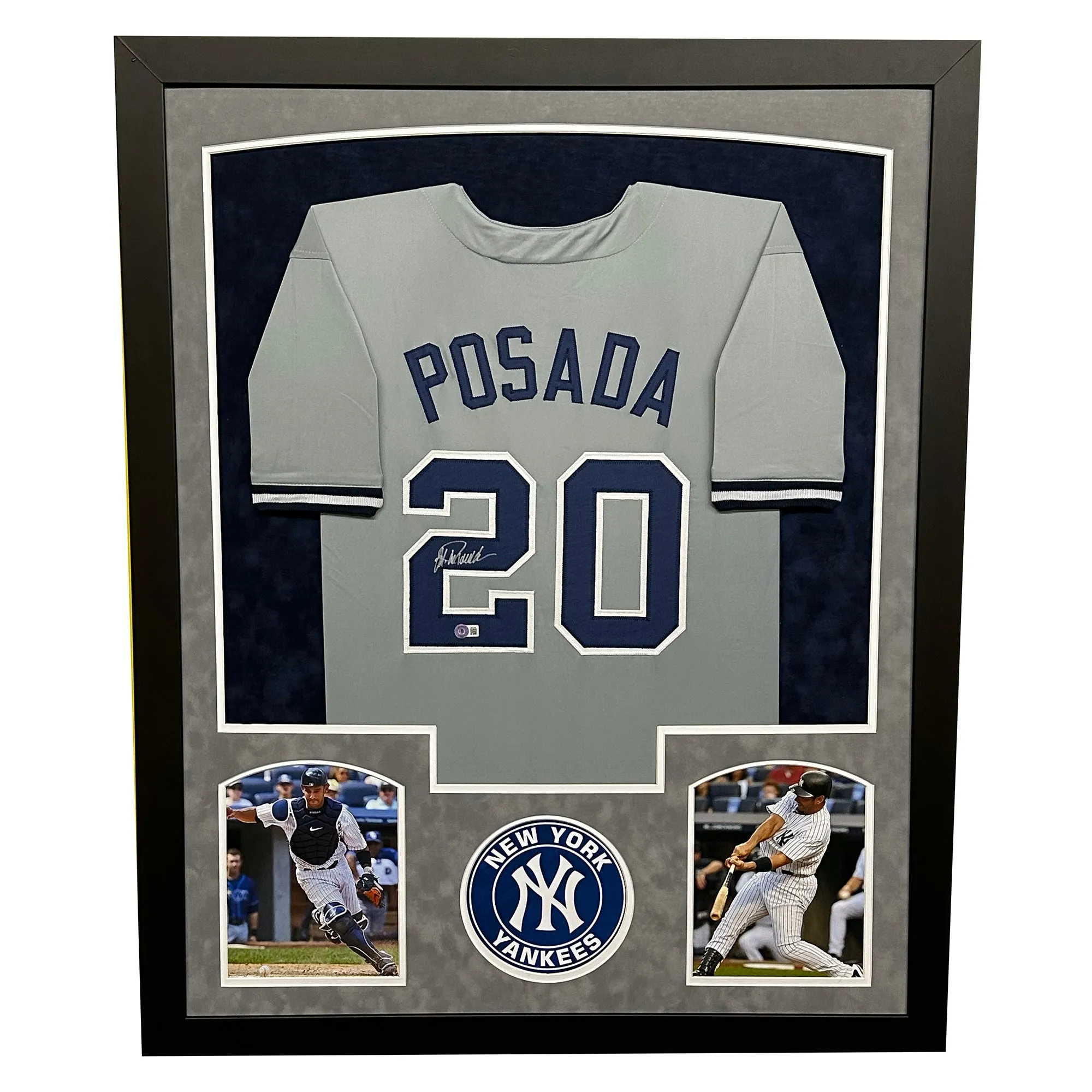 Jorge Posada Signed New York Grey Custom Suede Matte Framed Baseball Jersey