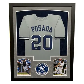 Jorge Posada Signed New York Grey Custom Suede Matte Framed Baseball Jersey