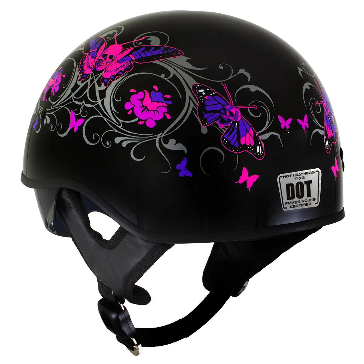 Outlaw T-72 'Flowers and Pink Skull Butterflies' Half DOT Helmet with Drop Down Tinted Visor