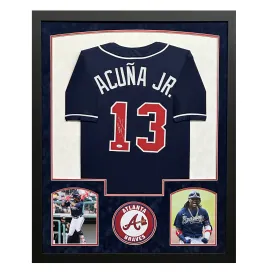 Ronald Acuna Jr Signed Atlanta Blue Custom Suede Matte Framed Baseball Jersey (JSA)